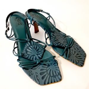 Carlos Mambo Teal Tooled leather Strappy Sandals